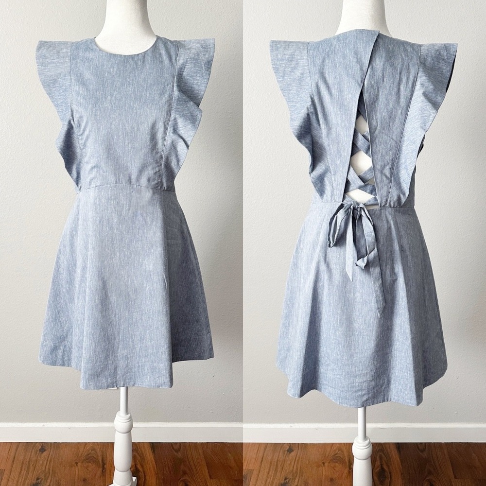 A Loves A Blue Linen Blend Ruffle Lace Up Back Mini Dress Women's Size 6